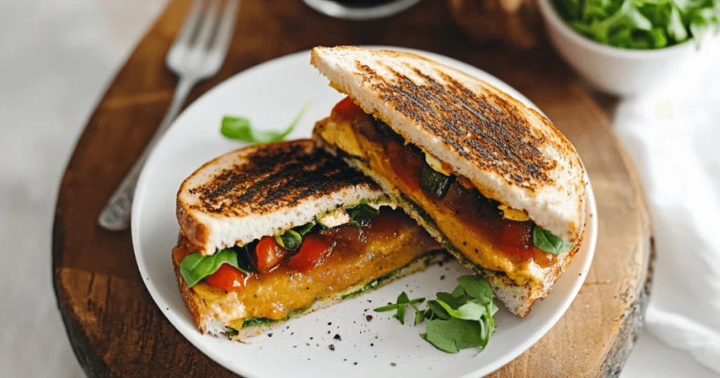Gourmet grilled cheese sandwich with arugula and tomatoes on toasted bread served with potato soup.