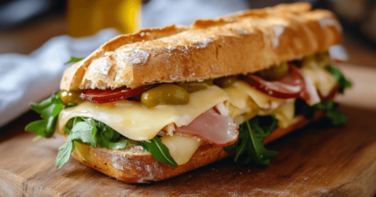 Gourmet raclette sandwich loaded with melted cheese, ham, pickles, and arugula on freshly baked baguette.