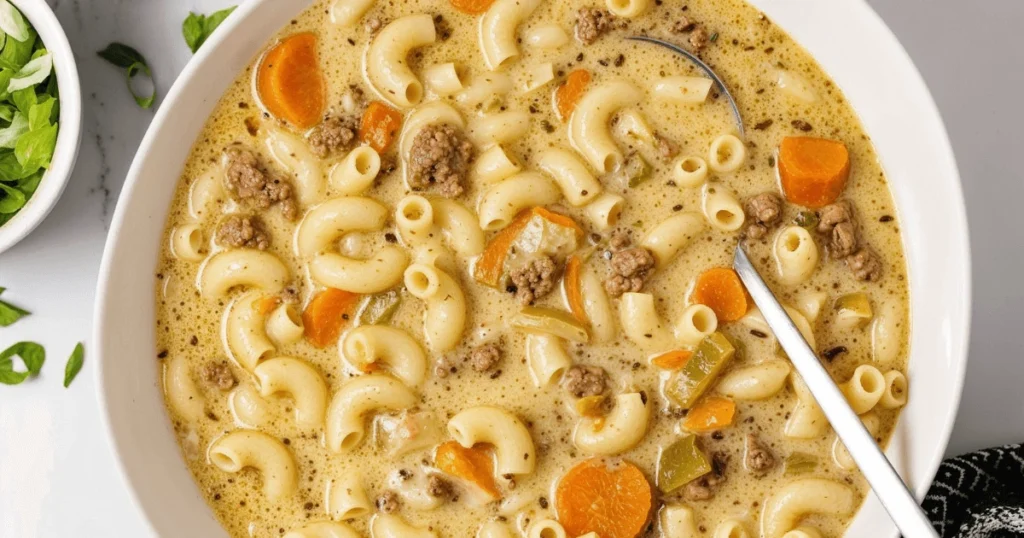 A bowl of cheeseburger macaroni soup with visible chunks of ground beef, macaroni, carrots, and celery in a creamy broth, garnished with fresh herbs.