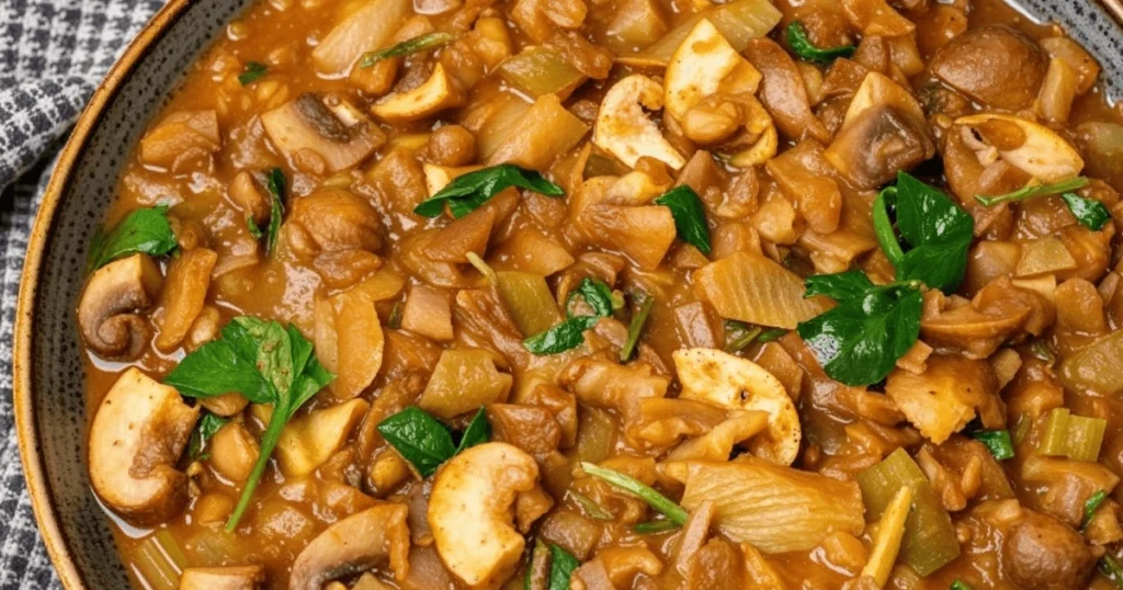 A savory vegan mushroom stew with chopped mushrooms, celery, onions, and fresh parsley in a rich brown sauce, served in a bowl.
Title: Hearty Vegan Mushroom Stew