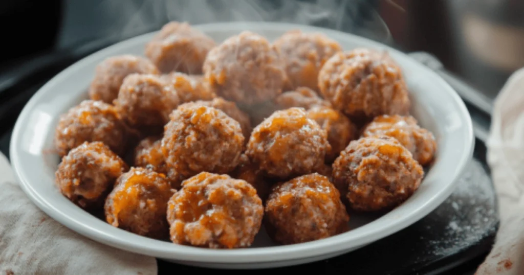 A steaming plate of freshly baked sausage balls with gooey melted cheese, served on a white dish.