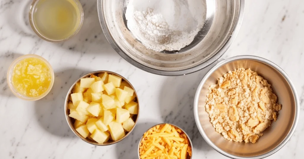 Ingredients for pineapple casserole neatly arranged, including pineapple chunks, shredded cheese, crushed crackers, melted butter, flour, and pineapple juice.