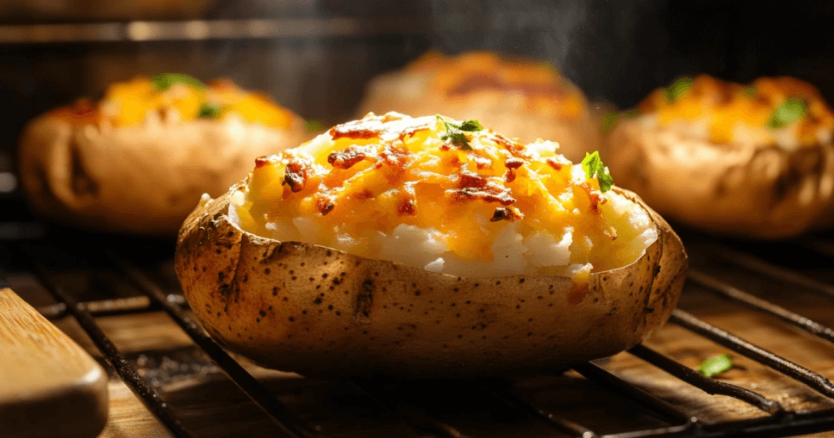 A golden baked potato in a toaster oven, garnished with melted cheese, bacon, and fresh herbs for a delicious finish