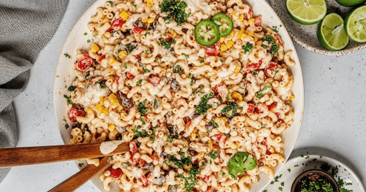 A large serving platter of Mexican Macaroni Salad topped with jalapeño slices, fresh cilantro, and lime wedges, surrounded by vibrant tableware.