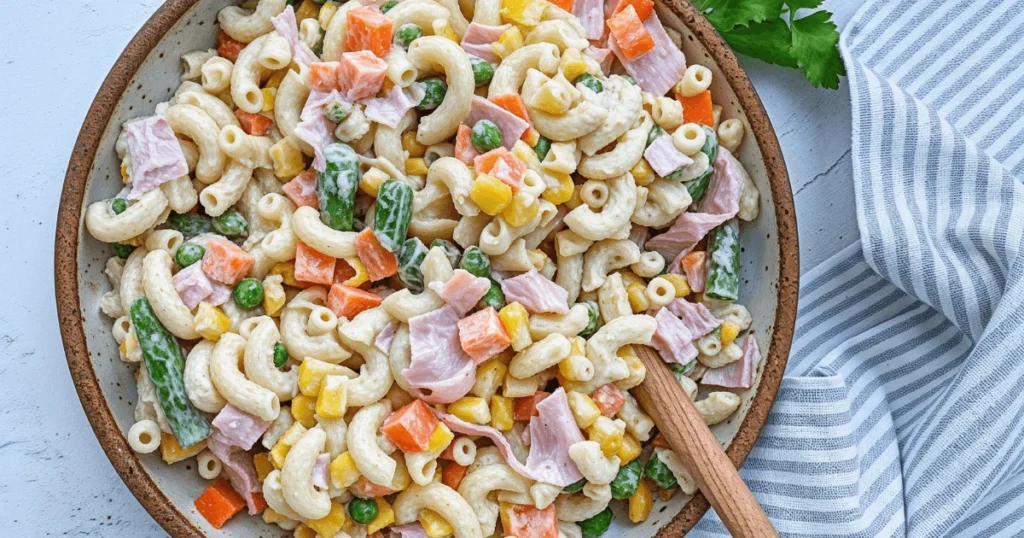 Mexican-style macaroni salad with ham, diced vegetables, and a creamy dressing, served in a rustic bowl with a wooden spoon.