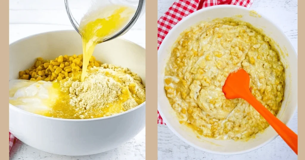 Melted butter being poured over a bowl of corn, sour cream, and cornbread mix. A mixed batter is shown ready for baking.