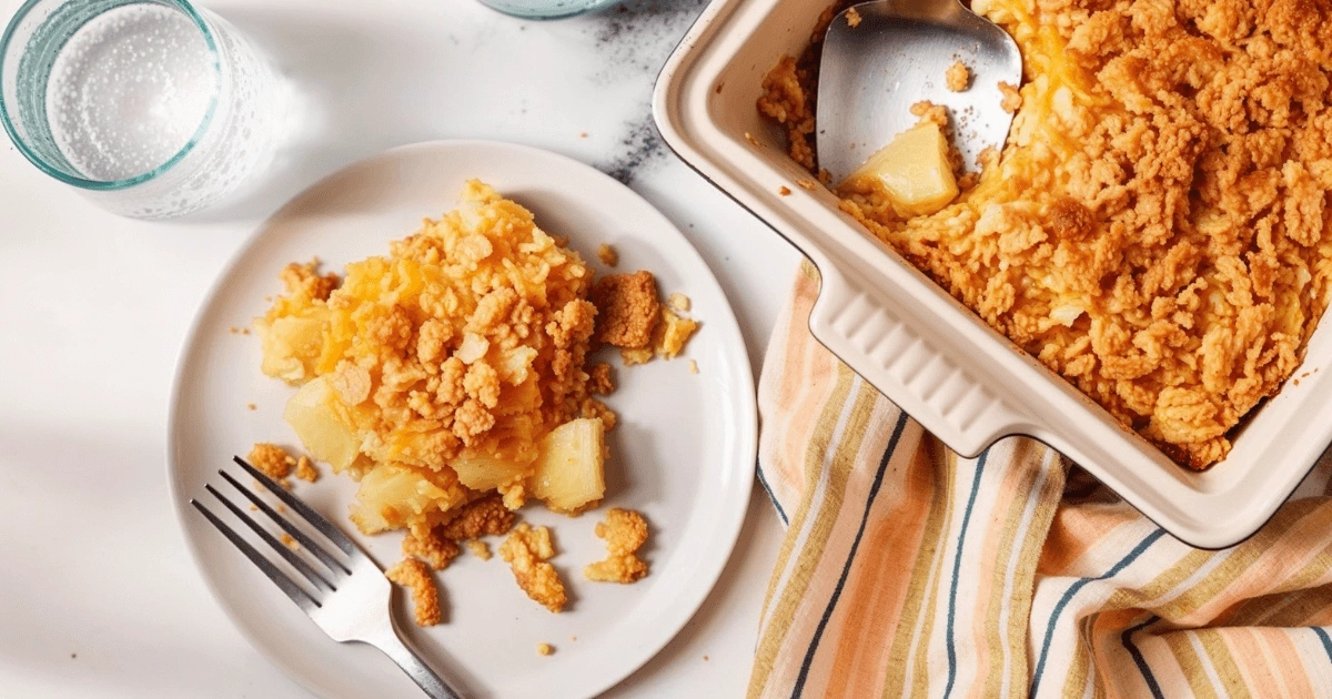 A serving of pineapple casserole plated on a white dish with a fork, placed next to a striped napkin and a baking dish filled with the casserole.