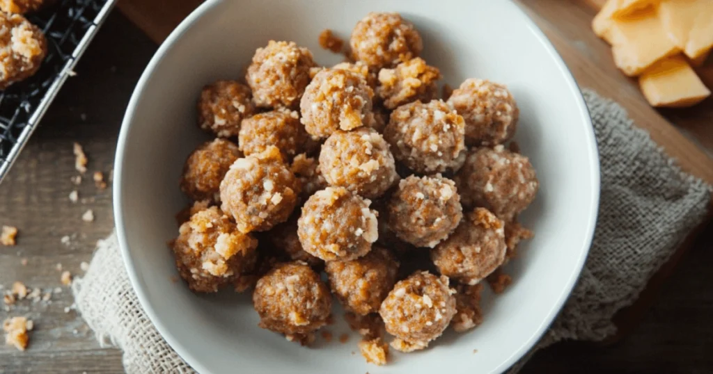 Unbaked sausage balls coated with flour, arranged in a white bowl on a rustic table with shredded cheese nearby.