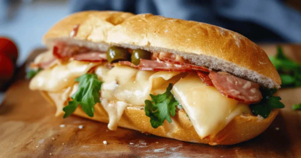 Raclette sandwich with melted cheese, crispy prosciutto, arugula, and pickles served on crusty bread.