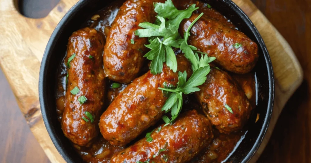 Roma hot Italian sausage cooked in a savory tomato sauce, garnished with fresh parsley in a black bowl