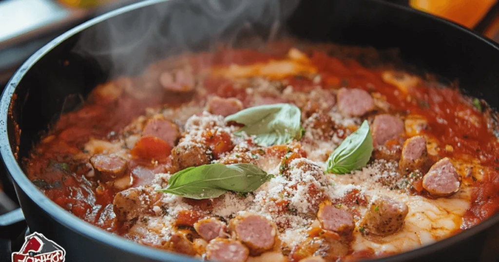 Sliced Roma hot Italian sausage simmered in rich tomato sauce, topped with Parmesan and fresh basil
