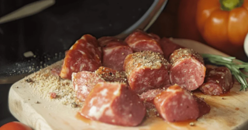 Chopped Roma hot Italian sausage seasoned with spices on a wooden cutting board.