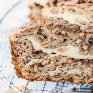 Slice of moist cream cheese banana bread with a cinnamon topping