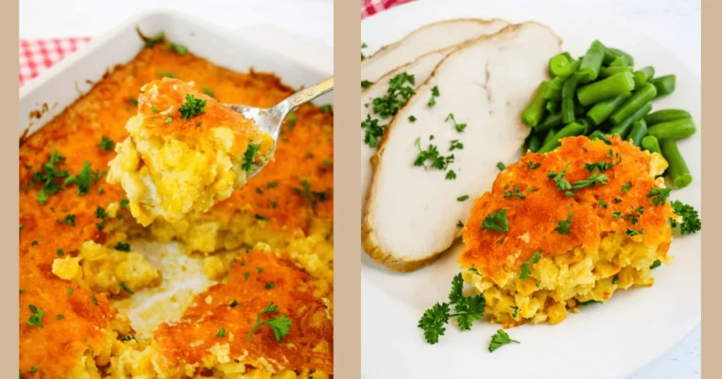 A serving of golden corn casserole garnished with parsley, paired with turkey slices and green beans on a white plate.