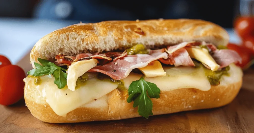 Raclette sandwich with melted cheese, smoked ham, arugula, and pickles served on a toasted roll.