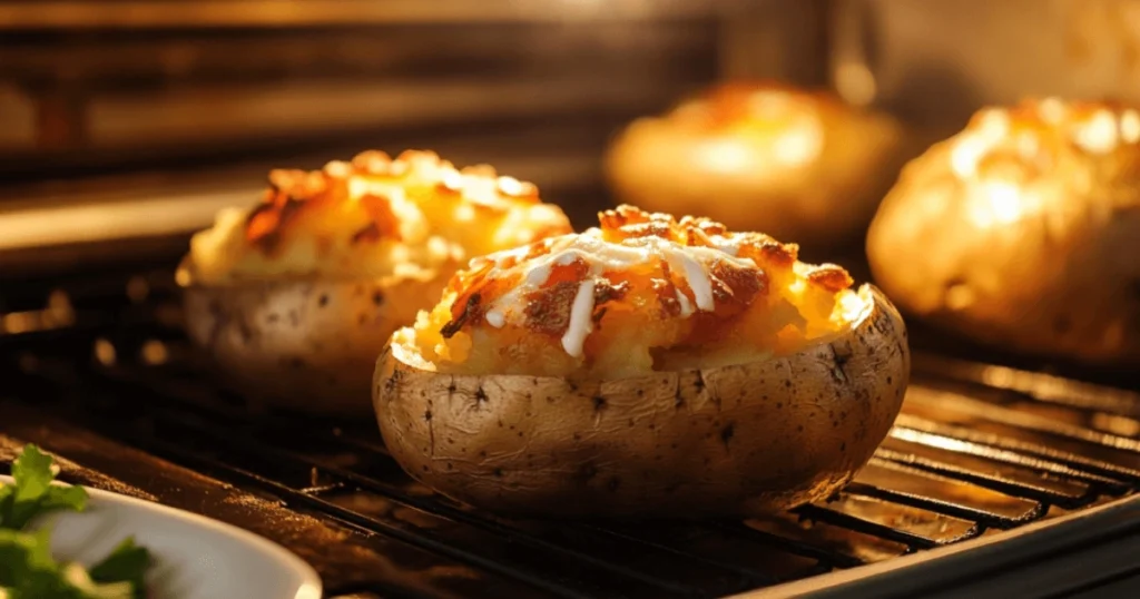 Multiple baked potatoes in a toaster oven, topped with golden melted cheese and a drizzle of sour cream.
