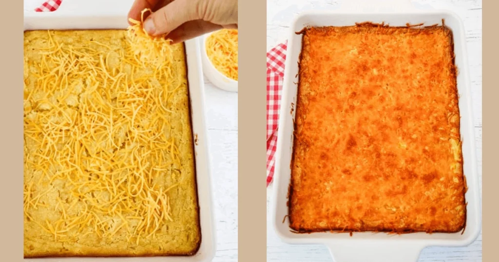 A hand sprinkling shredded cheese over a partially baked corn casserole in a white dish. The finished casserole on the right is golden and crispy.