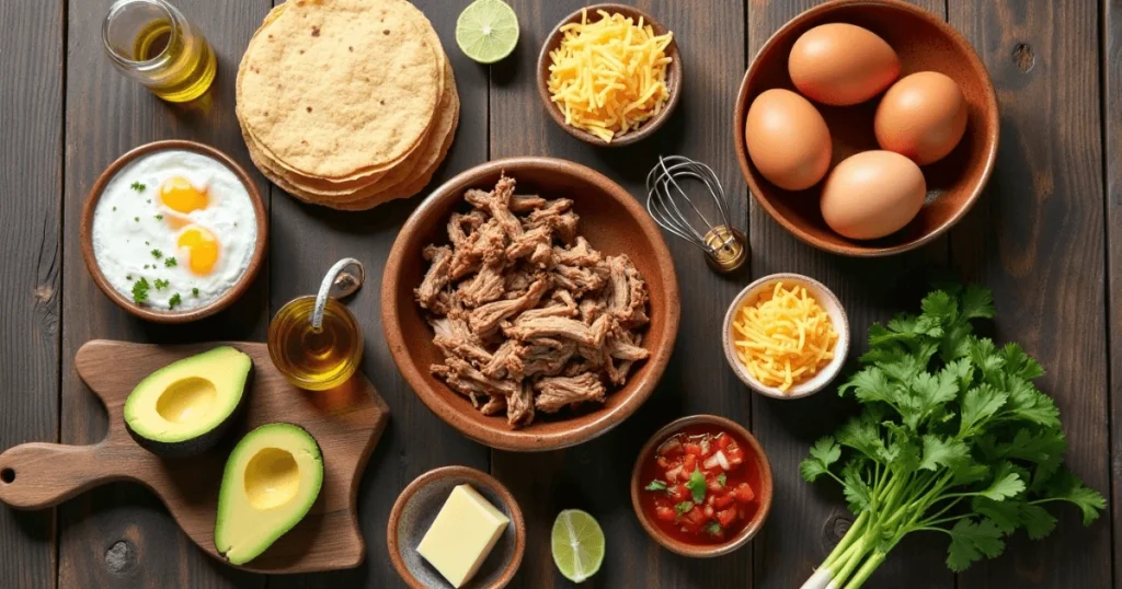 Ingredients for carnitas breakfast with eggs, including pork carnitas, eggs, tortillas, avocado, salsa, cheese, and fresh cilantro, arranged neatly on a counter.