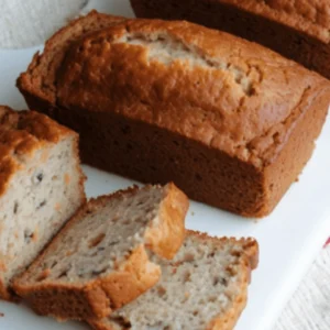 A golden loaf of Hawaiian banana bread topped with shredded coconut and chopped macadamia nuts, sliced and ready to serve.