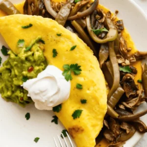 A delicious plate of carnitas breakfast with eggs, featuring fluffy scrambled eggs, tender pork carnitas, avocado slices, and warm tortillas, garnished with fresh cilantro.