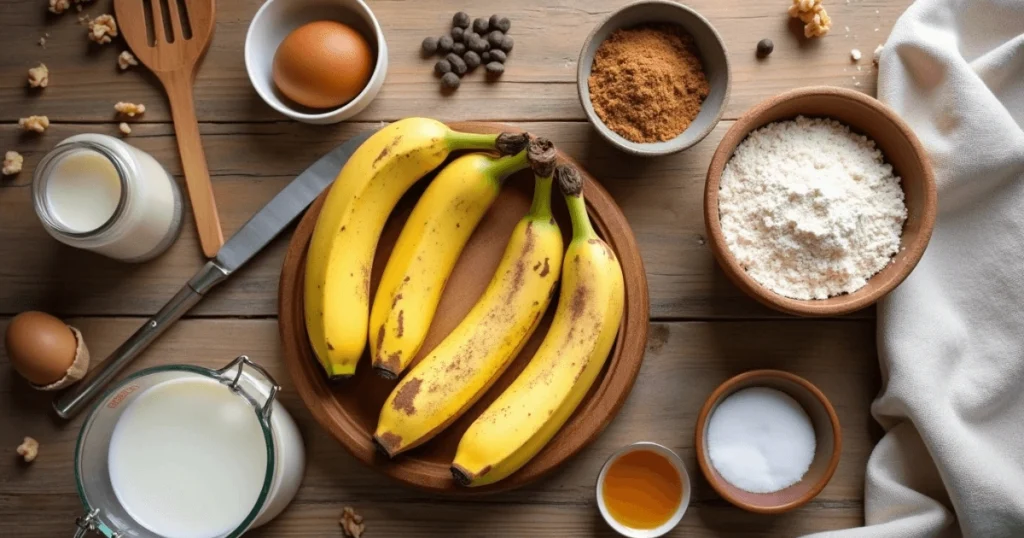 A display of all ingredients needed for banana bread without butter: ripe bananas, flour, eggs, sugar, baking soda, and vanilla.