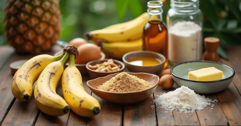 A beautifully arranged collection of ingredients for Hawaiian banana bread, including ripe bananas, shredded coconut, chopped macadamia nuts, flour, brown sugar, eggs, melted butter, and vanilla extract, styled on a rustic wooden table with a tropical vibe.