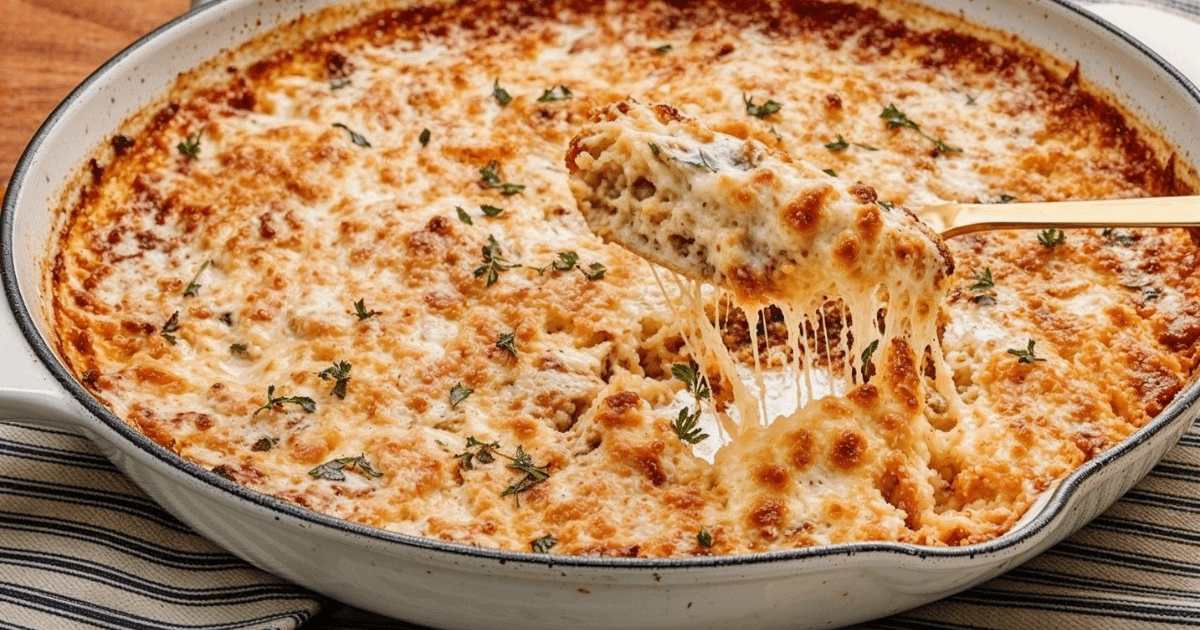 A skillet filled with creamy French Onion Soup Rice, topped with golden, bubbly cheese and garnished with fresh thyme sprigs. A spoonful is lifted, showing the cheesy, gooey texture.