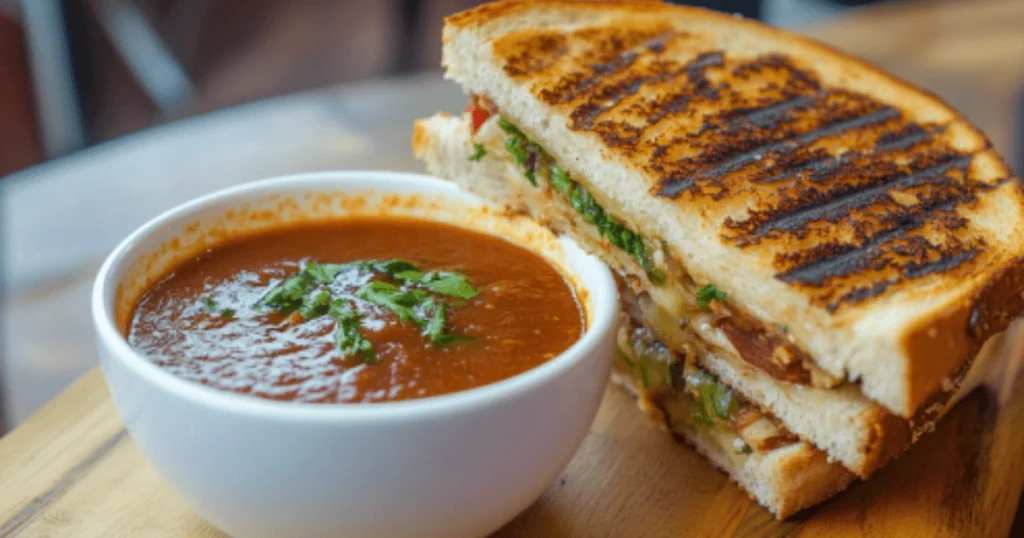 Caramelized onion grilled cheese sandwich served with warm potato soup garnished with parsley.
