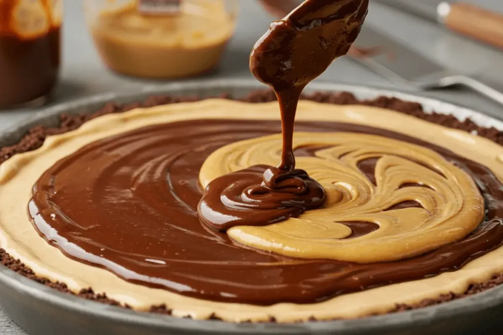 Chocolate ganache being poured onto a peanut butter layer in a pie crust, creating a swirl effect for a mud pie dessert.