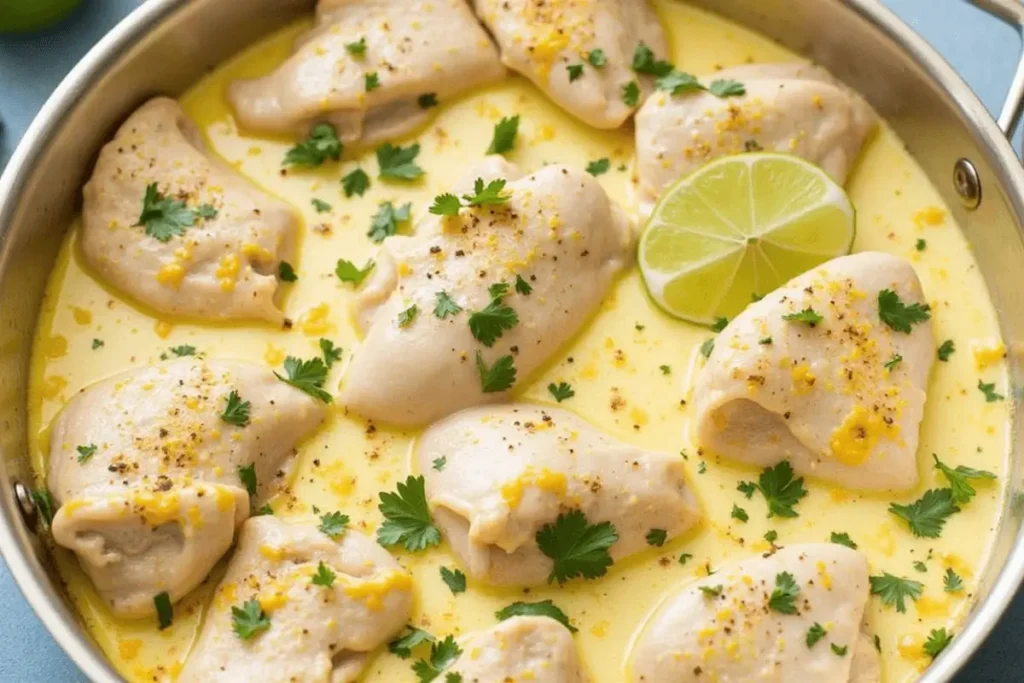 Chicken thighs cooking in a rich, creamy aji amarillo sauce with lime and cilantro garnish.