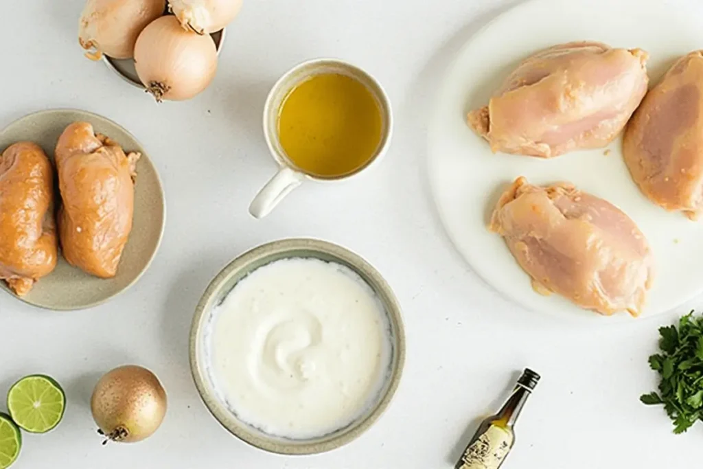Fresh chicken, onions, lime, olive oil, and yogurt prepared for Churu Chicken Amarillo recipe.