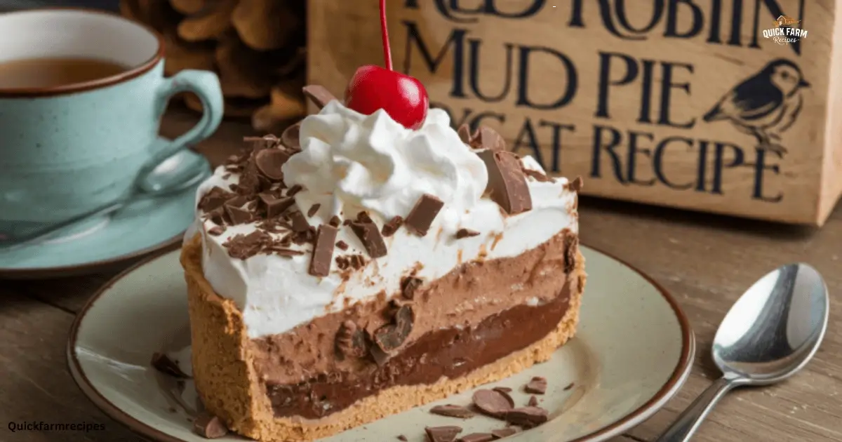 A slice of mud pie with chocolate layers, whipped cream topping, chocolate shavings, and a cherry, served on a plate with a spoon and a cup of coffee in the background.