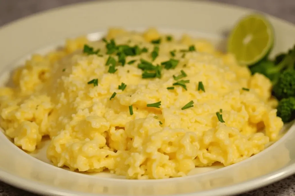 Creamy Peruvian rice topped with chopped herbs and lime wedge.