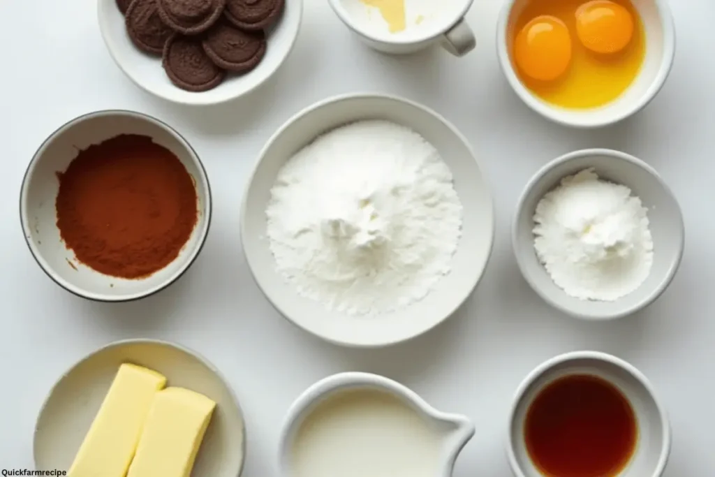 Ingredients for making mud pie, including cocoa powder, sugar, butter, eggs, vanilla extract, cream, milk, and chocolate cookies, arranged in white bowls on a white background.