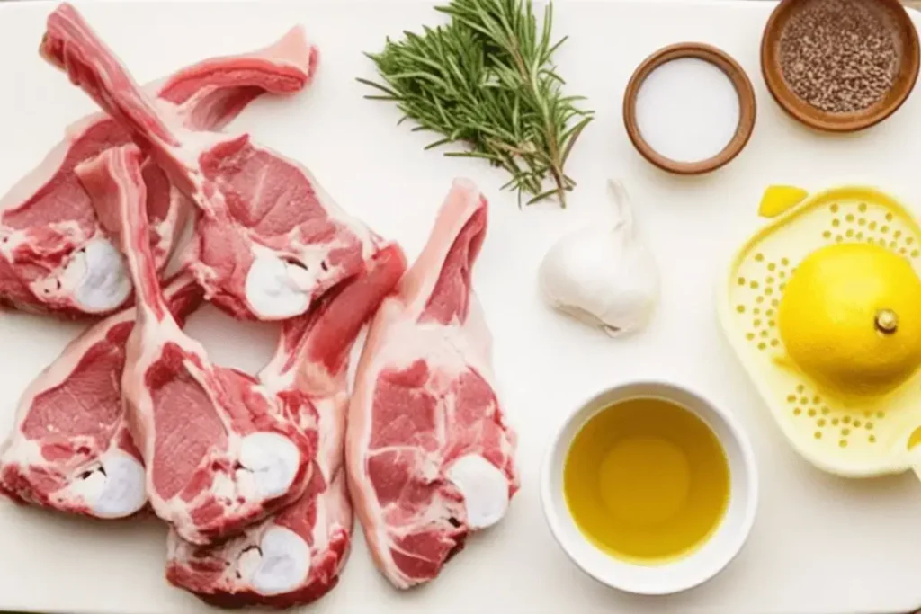 Raw lamb chops with rosemary, garlic, olive oil, salt, pepper, and a lemon on a white cutting board.