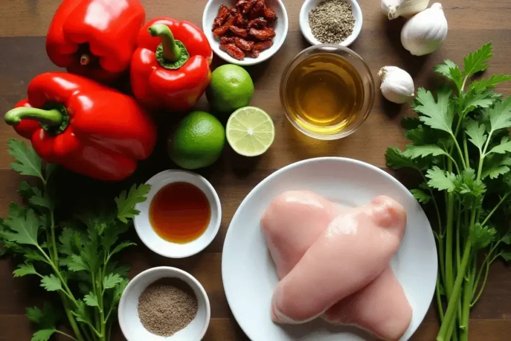 A top-down view of fresh red bell peppers, raw chicken, garlic, limes, olive oil, honey, spices, and cilantro on a rustic wooden surface.