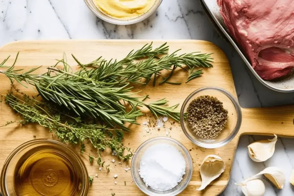 Fresh rosemary, thyme, garlic, salt, black pepper, olive oil, and mustard on a wooden board, ready for seasoning a leg of lamb.