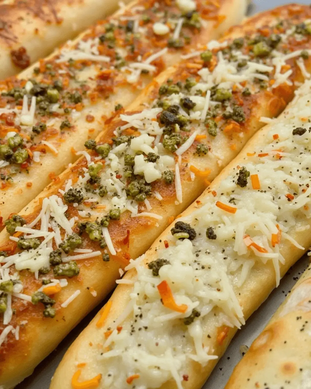 Several golden-brown bread sticks topped with melted cheese and greenish herb seasoning.

