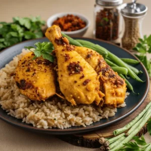 Grilled Churu Chicken Amarillo drumsticks served over rice with green beans.