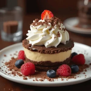 A decadent mud pie dessert topped with whipped cream, chocolate crumbs, and a fresh strawberry slice, garnished with raspberries and blueberries on a white plate.