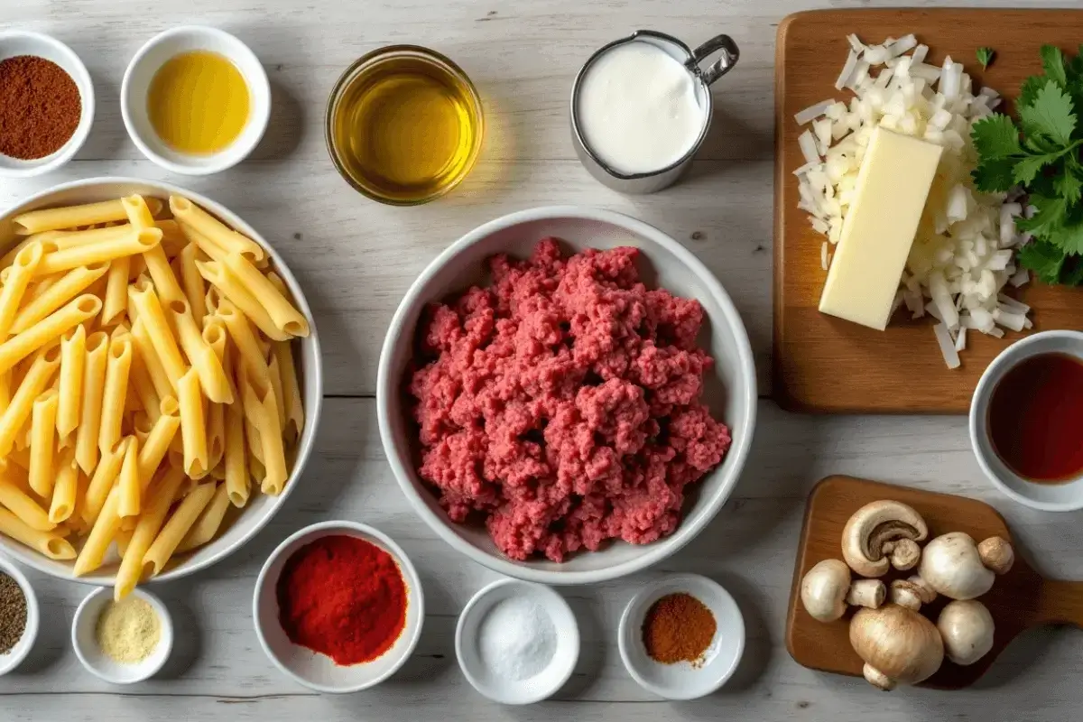 A flat lay of ingredients including ground beef, pasta, butter, onions, mushrooms, spices, and olive oil.