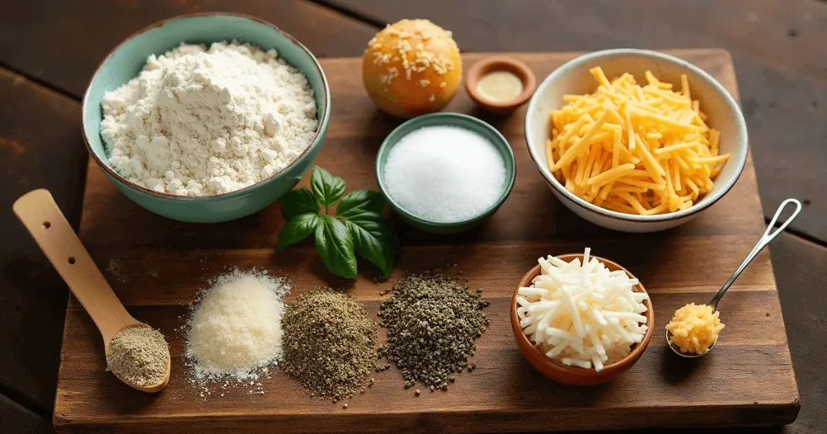 A wooden board holding bowls of flour, shredded cheeses, salt, pepper, and basil leaves for making Italian Herb & Cheese Bread.