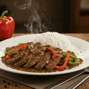 A delicious plate of Jollibee-style Beef Pepper Steak featuring tender slices of beef coated in a rich, peppery sauce, served with a mound of steaming white rice sprinkled with black pepper. Garnished with vibrant red and green bell peppers, the dish is presented on a white plate with steam rising, giving it a freshly cooked appearance.