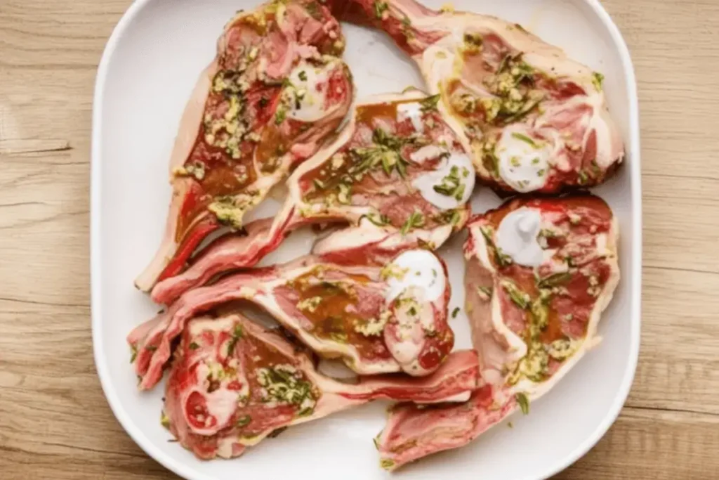  Marinated lamb chops arranged on a white plate, coated with herbs and seasoning.