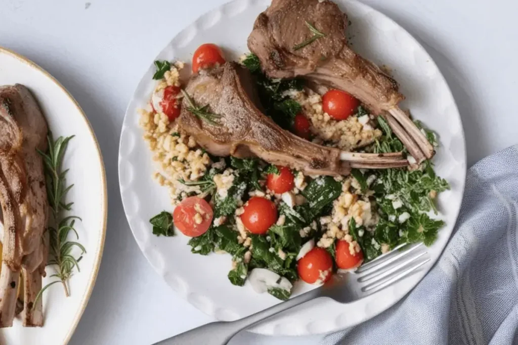 Oven-baked lamb chops plated with a fresh couscous salad with cherry tomatoes and herbs.