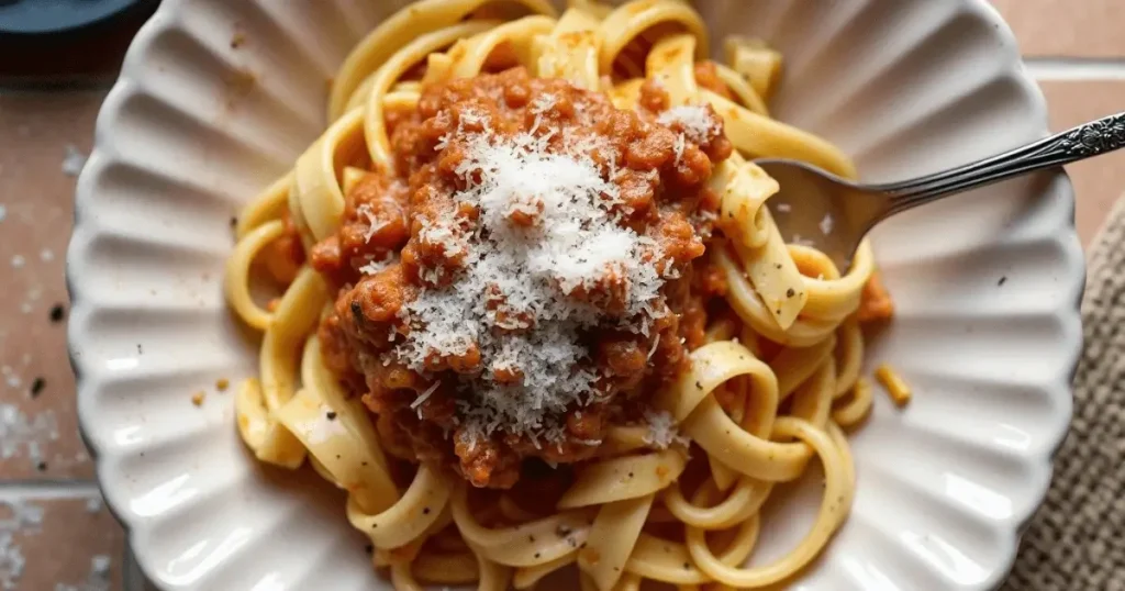 Lamb Ragu d’Abruzzo served over fettuccine pasta, topped with Pecorino Romano