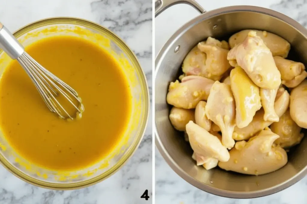 Whisked aji amarillo sauce and marinated chicken pieces in a pot.