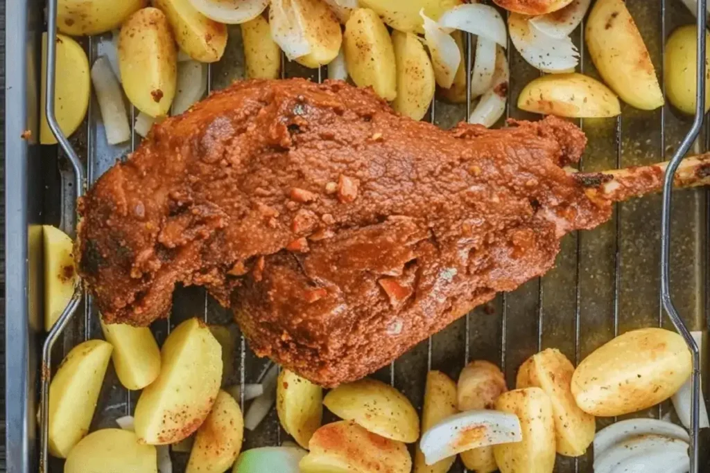 A marinated leg of lamb coated in a thick spice mixture, placed on a roasting rack with potatoes and onions.