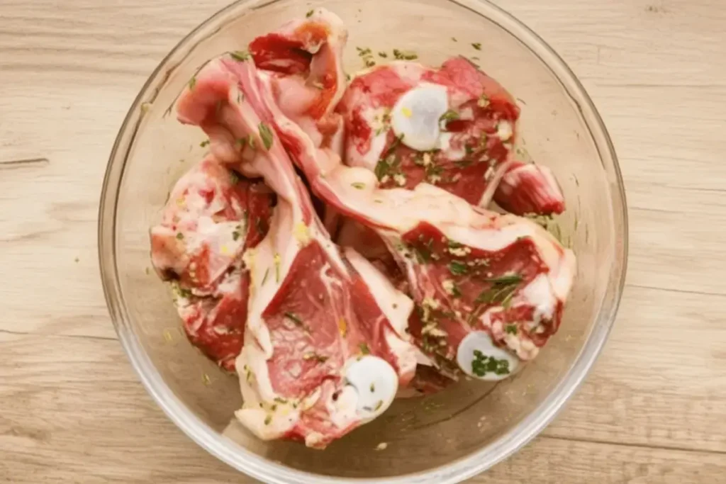 Raw lamb chops in a glass bowl coated with marinade and fresh herbs.