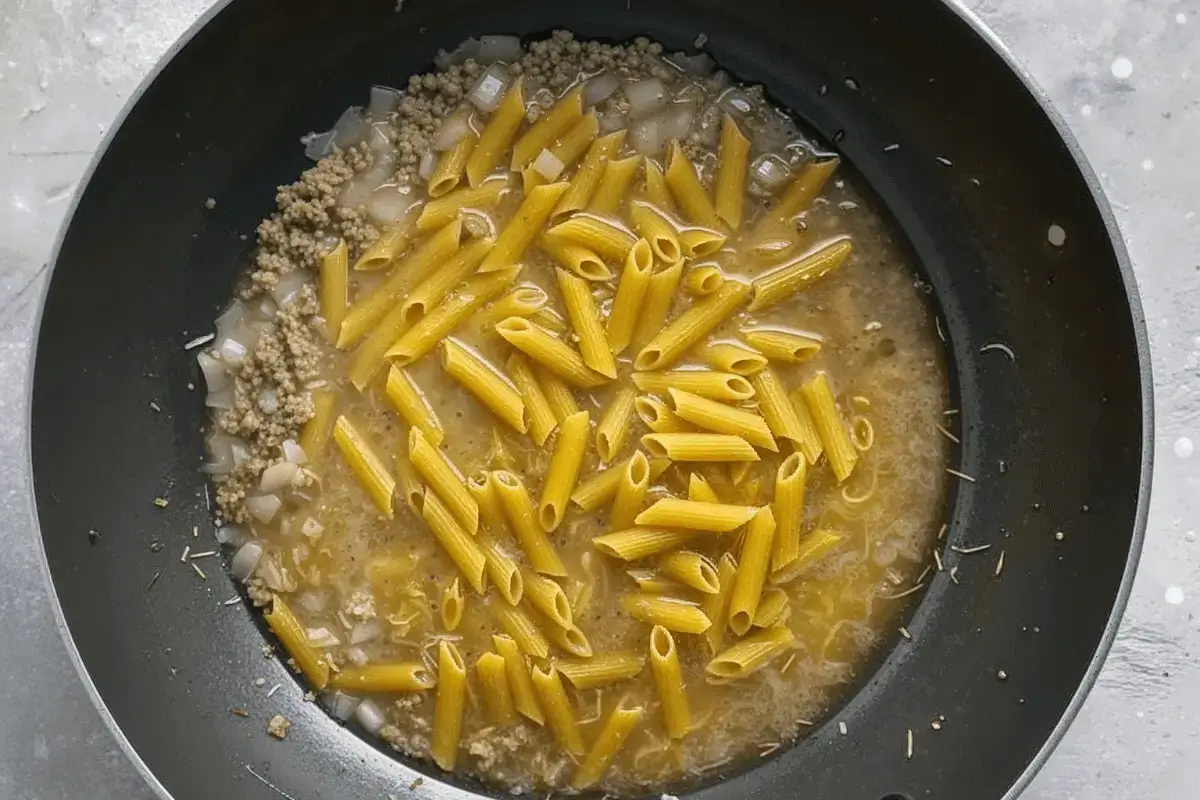 Uncooked penne pasta added to a pan with ground beef, onions, and broth.